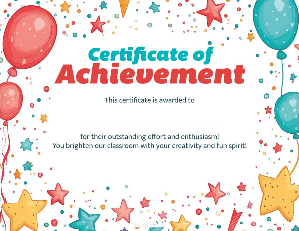 Certificate template achievement award with balloons, stars, and colorful classroom border