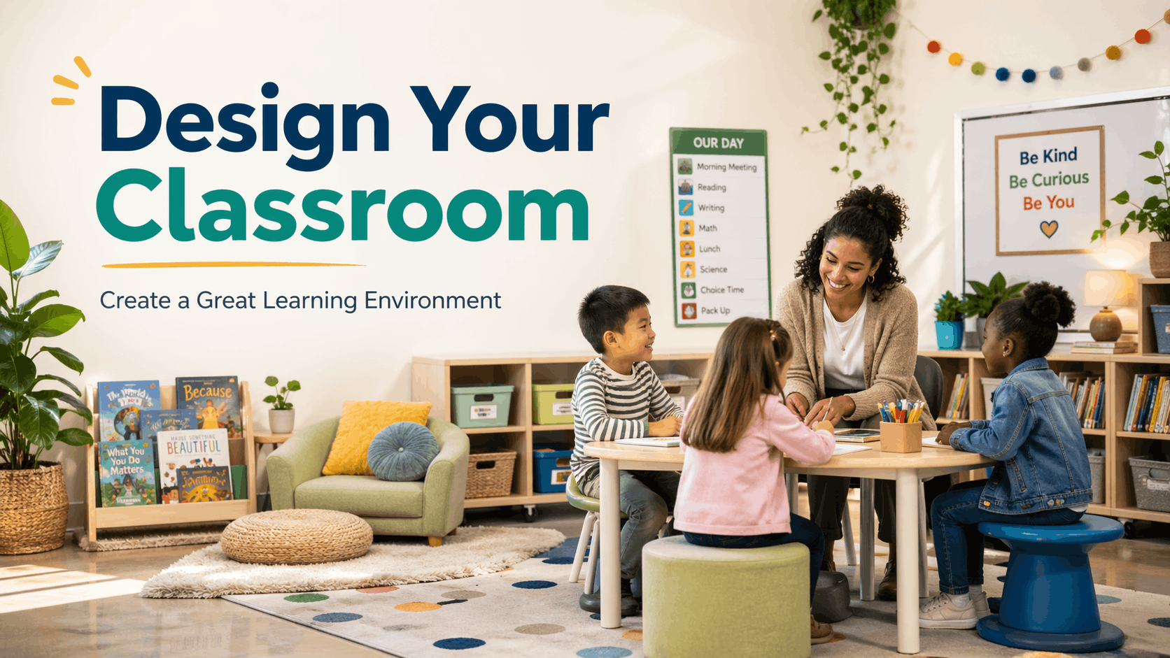 Classroom design idea with flexible seating, reading corner, plants, and students learning in a warm classroom.