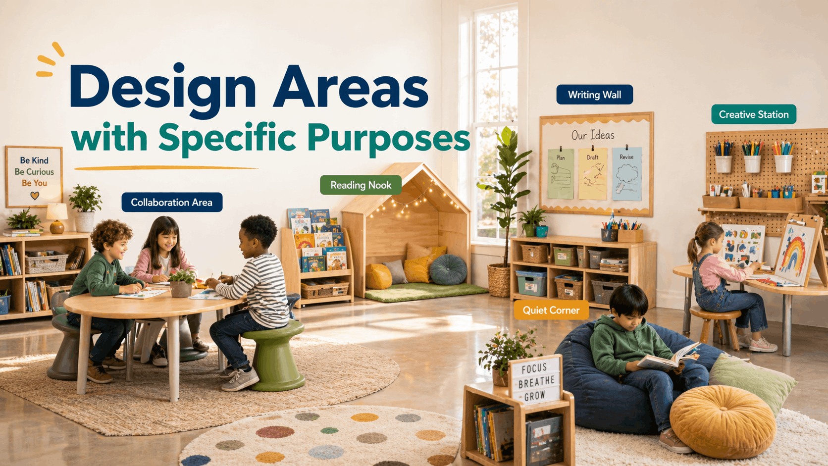 Classroom learning zones with collaboration area, reading nook, writing wall, creative station, and quiet corner.