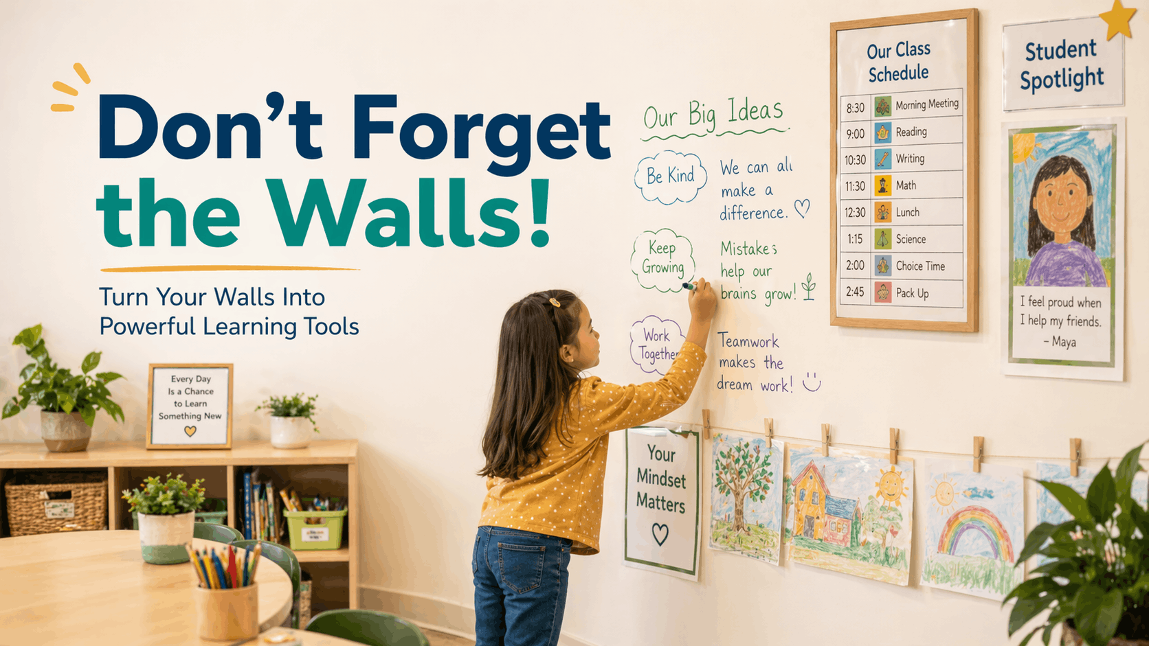 Student writes ideas on a classroom wall with artwork, schedule, posters, and learning displays around her.