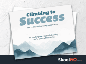 Climbing to Success certificate template featured image with certificate preview and SKOOLGO logo