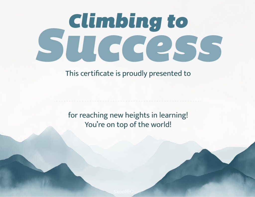 Climbing to Success certificate template full printable award with mountain design in landscape format