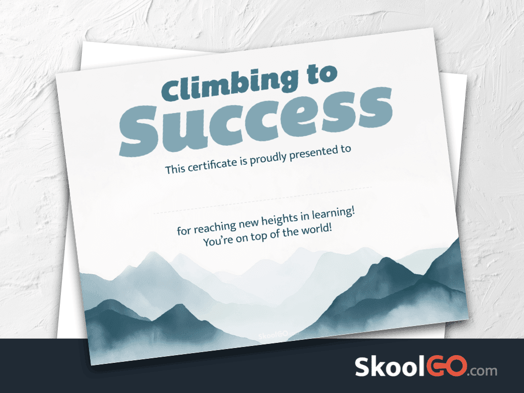 Climbing to Success certificate template featured image with certificate preview and SKOOLGO logo