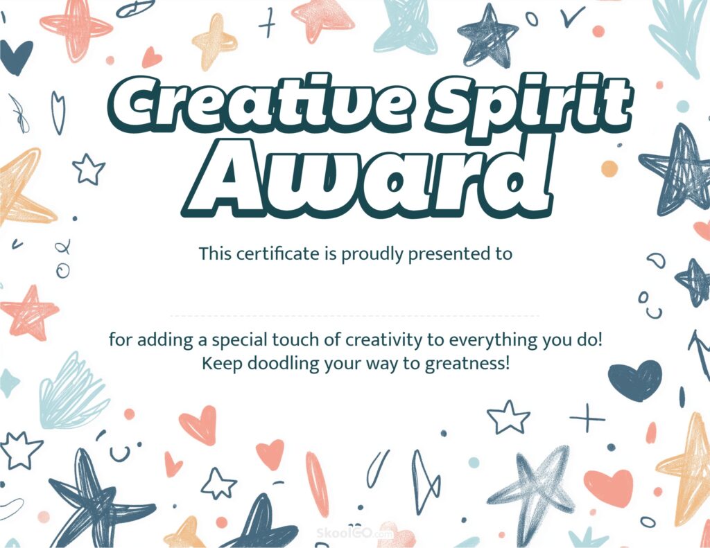 Full Creative Spirit Award certificate template with doodle border in landscape format
