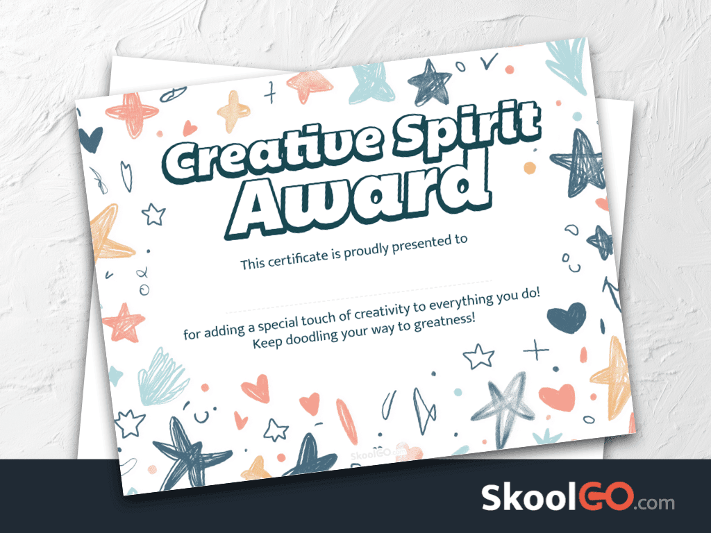Creative Spirit Award certificate template with SKOOLGO logo