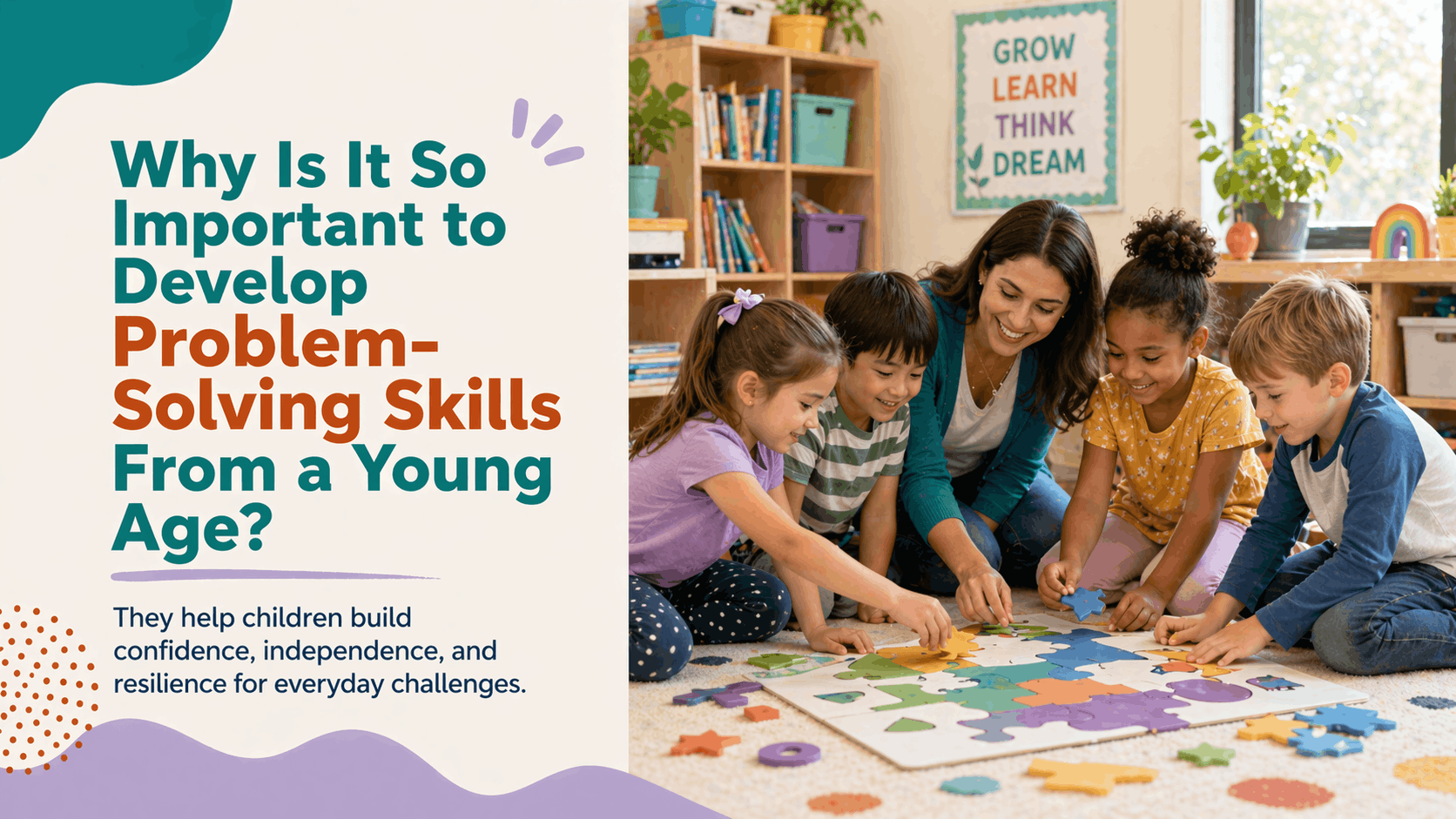 Teacher helps young children develop problem-solving skills through a colorful classroom puzzle activity.