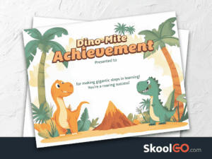 Dinosaur achievement certificate template featured image with certificate design and SKOOLGO logo