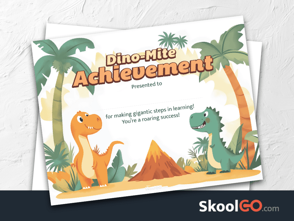 Dinosaur achievement certificate template featured image with certificate design and SKOOLGO logo