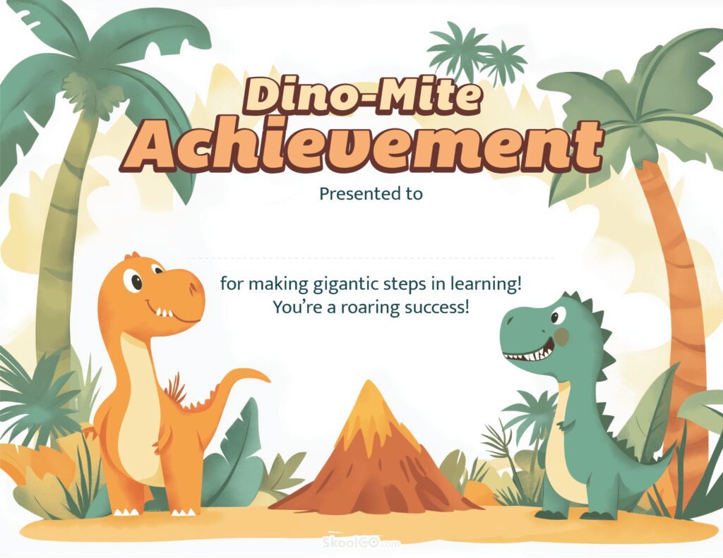 Dino-Mite achievement certificate template with dinosaur illustrations in landscape letter size
