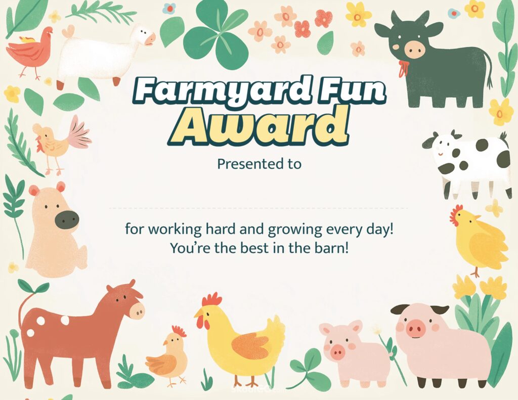 Farmyard award certificate template printable PDF with animals illustration for student recognition