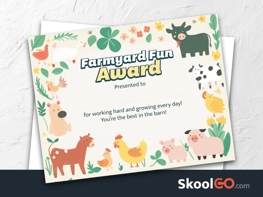 Farmyard fun award certificate template free printable for kids with cute farm animals and SkoolGO design