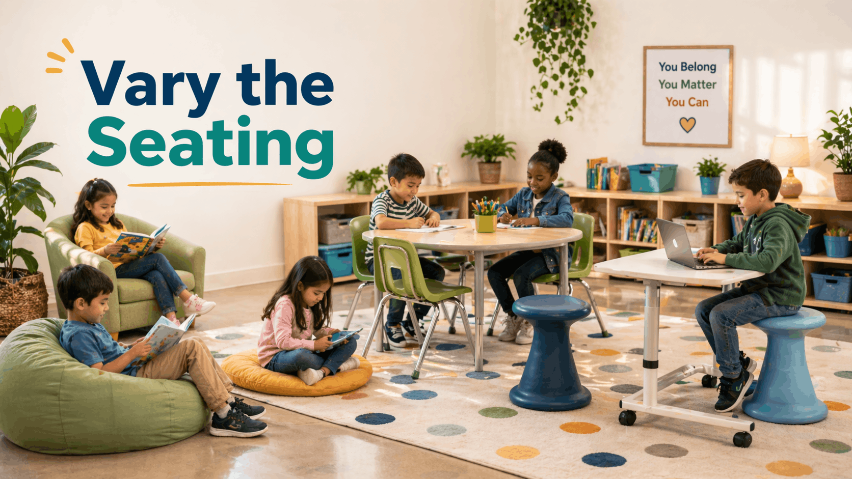 Flexible classroom seating with beanbags, stools, chairs, cushions, and students working in different spaces.