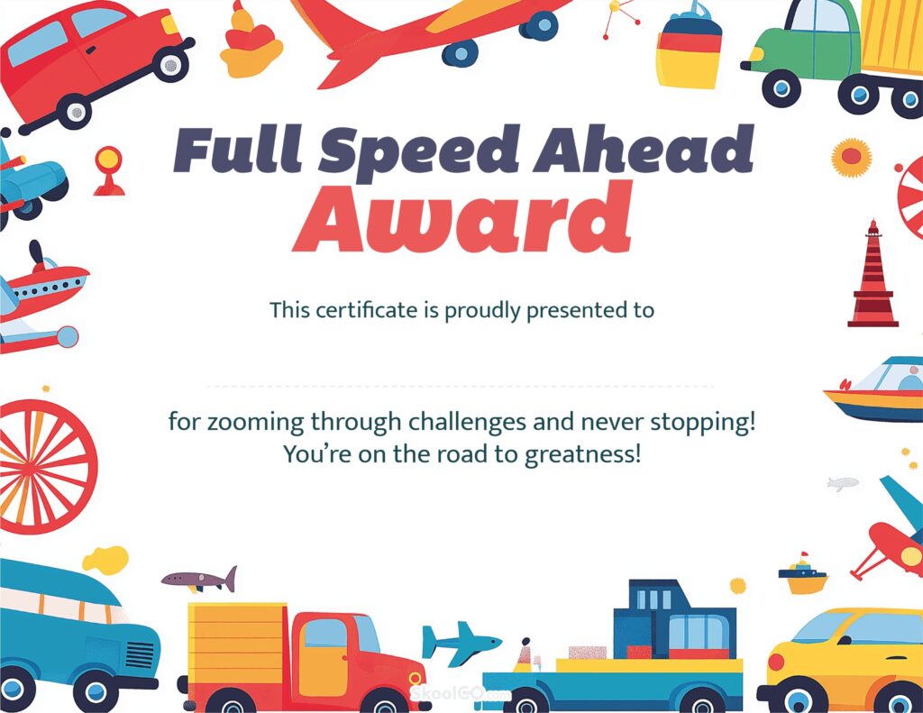 Full Speed Ahead Award certificate template full printable certificate with transport illustrations