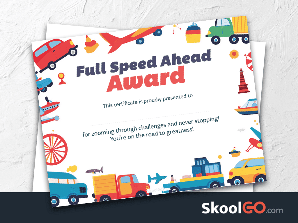 Full Speed Ahead Award certificate template featured image with certificate preview and Skoolgo logo