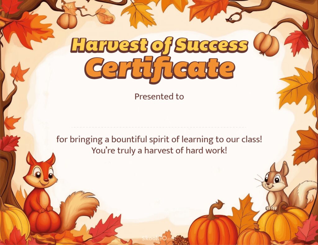 Harvest of Success certificate template full printable fall certificate for students