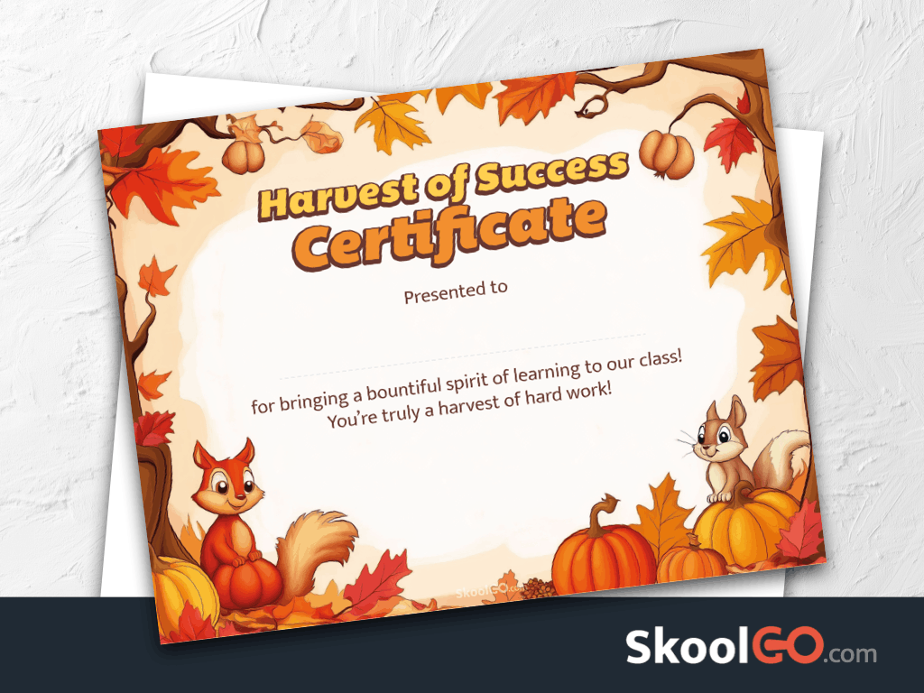 Harvest of Success certificate template featured image with certificate design and SKOOLGO logo