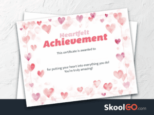 Heartfelt achievement certificate template free printable for kids with skoolgo logo and colorful heart design