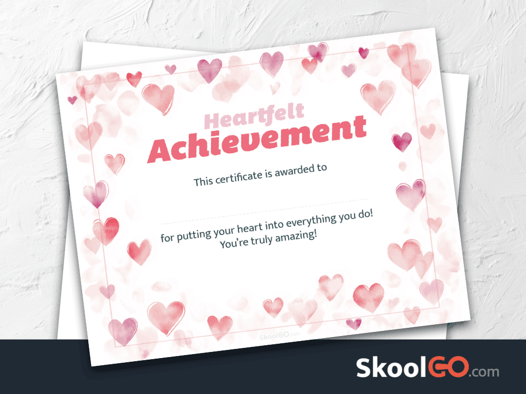 Heartfelt achievement certificate template free printable for kids with skoolgo logo and colorful heart design