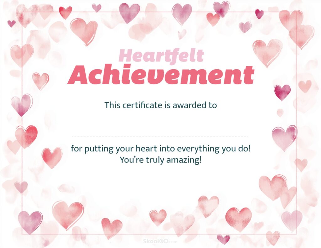 Heartfelt Certificate Template with Heart Design Printable PDF Heartfelt certificate template with pink heart illustrations printable PDF for classroom and home use