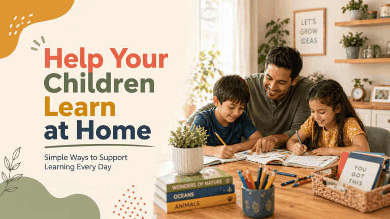 Help children learn at home with a parent guiding two kids through books, worksheets, and creative learning activities.