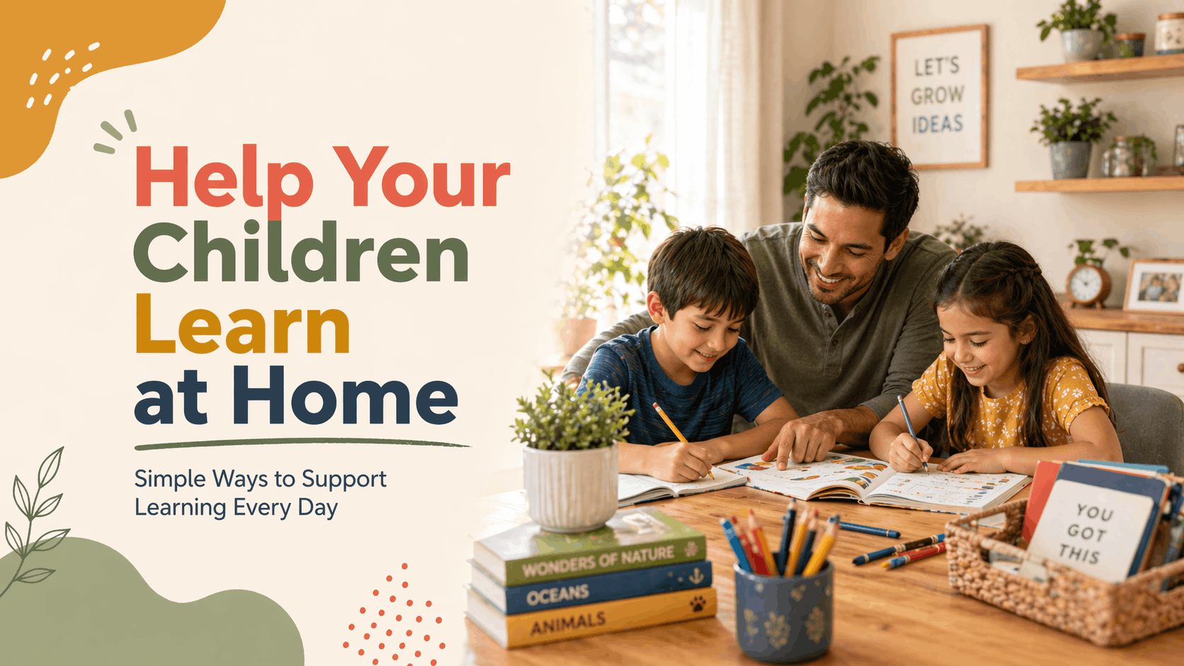 Help children learn at home with a parent guiding two kids through books, worksheets, and creative learning activities.