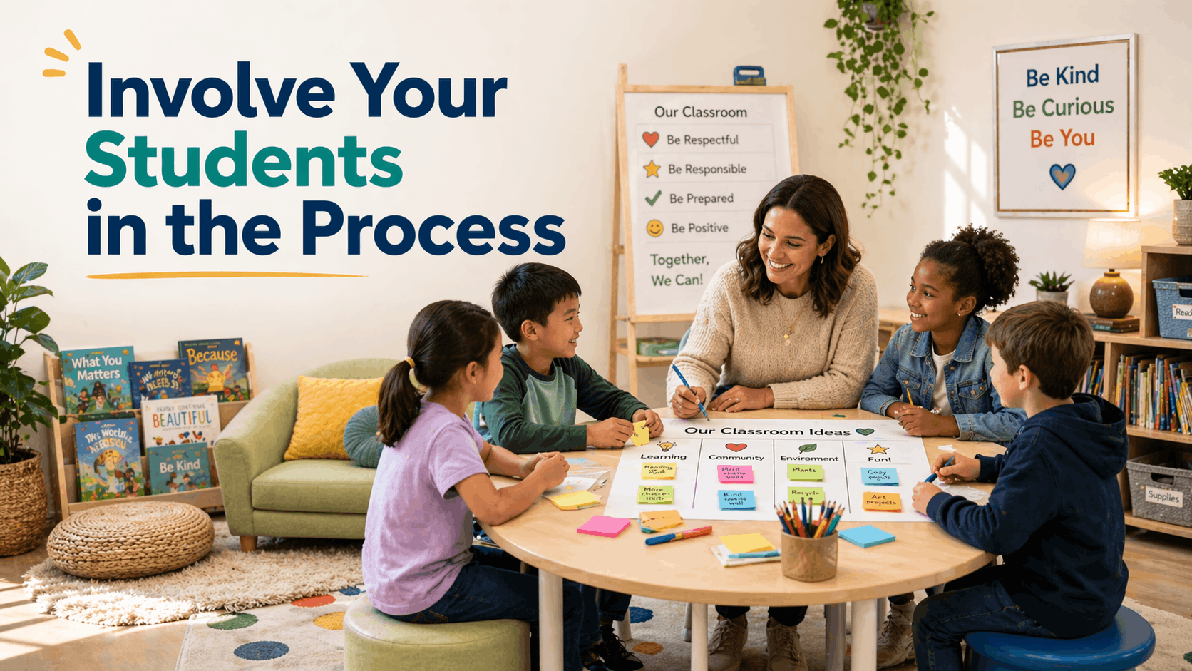 Teacher and students share classroom design ideas with sticky notes around a table in a bright learning space.