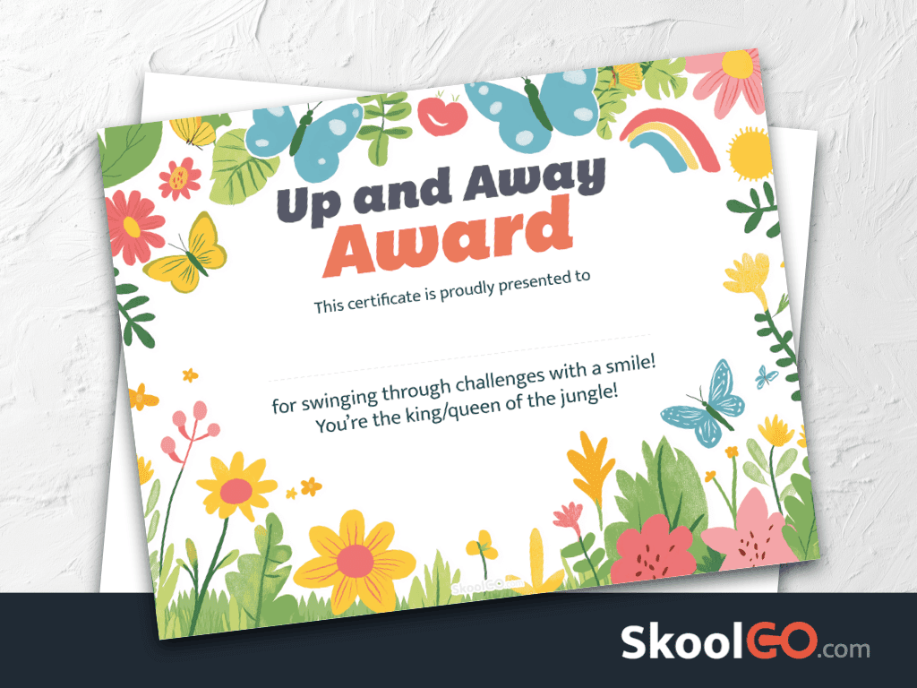 Jungle award certificate template for kids featuring Up and Away Award design with colorful flowers, butterflies, and rainbow