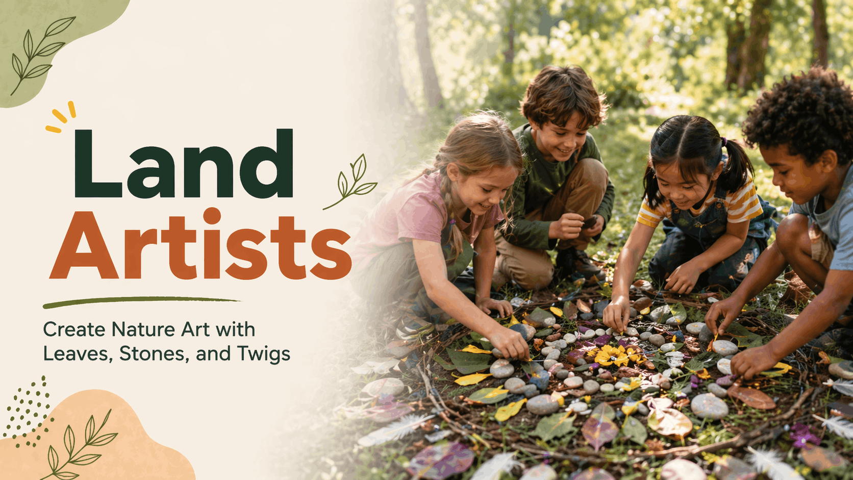 Children create land art with leaves, stones, petals, and twigs during a hands-on nature activity for kids outdoors.