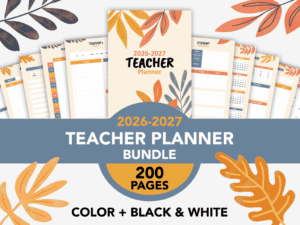 Leaves Teacher Planner Bundle 2026-2027 cover preview with warm botanical design and planner page samples