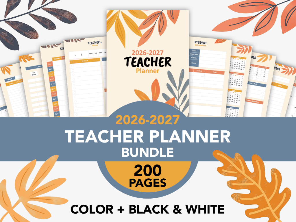 Leaves Teacher Planner Bundle 2026-2027 cover preview with warm botanical design and planner page samples