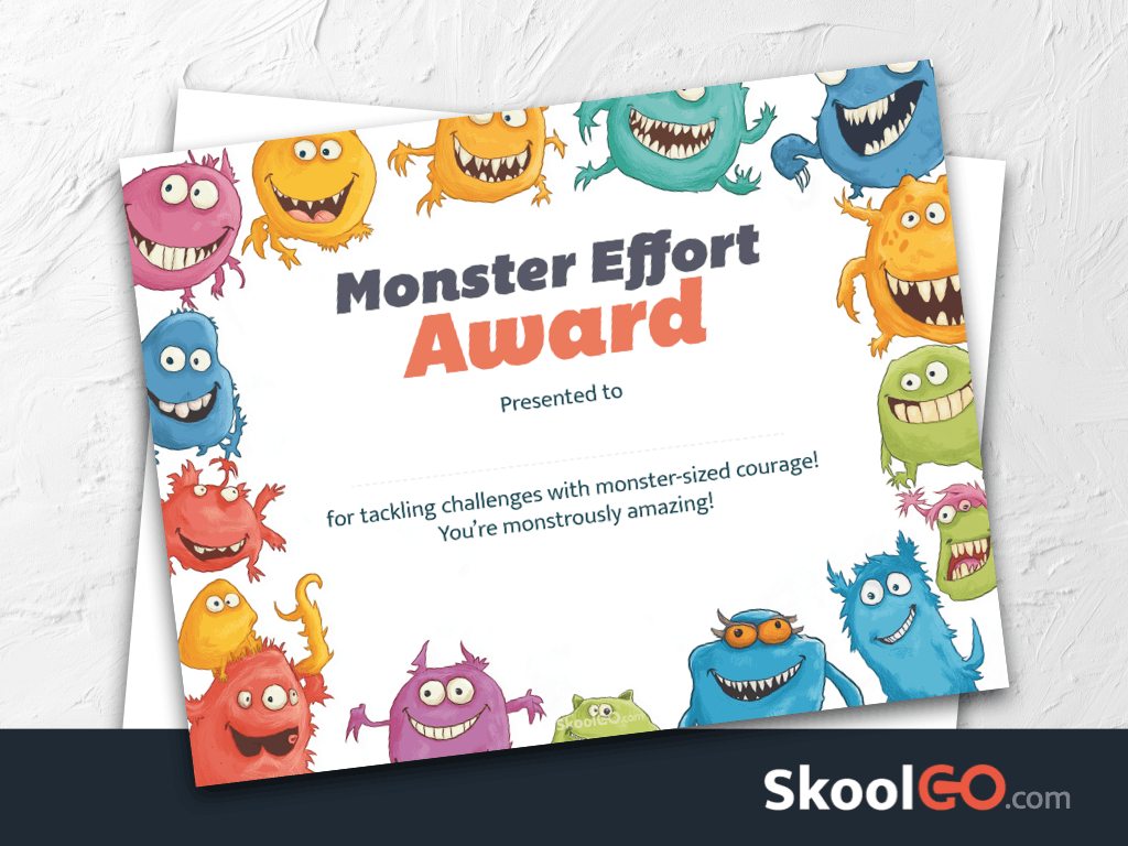 Monster Effort Award certificate template for kids with colorful monsters and SkoolGO logo, printable reward certificate for classroom motivation