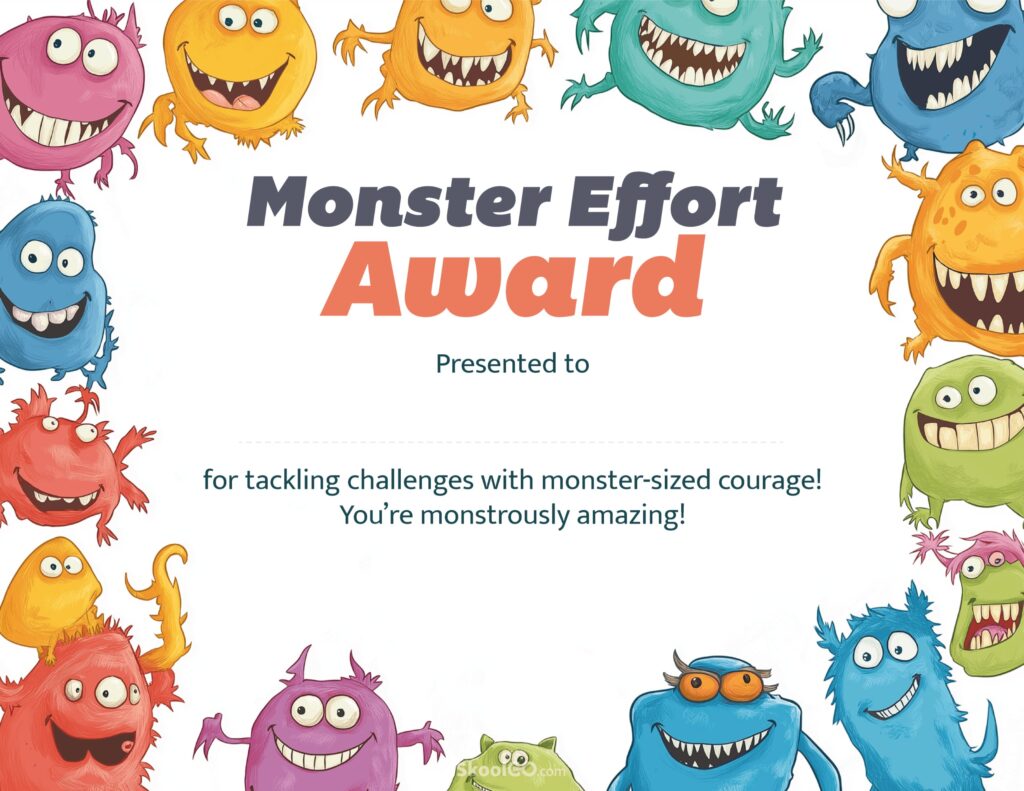 Monster Effort certificate template full page with fun monster illustrations, printable PDF award for recognizing student effort and courage