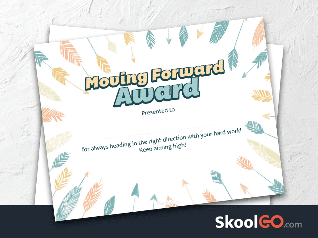 Free printable moving forward award certificate template for students with colorful arrow design and Skoolgo logo