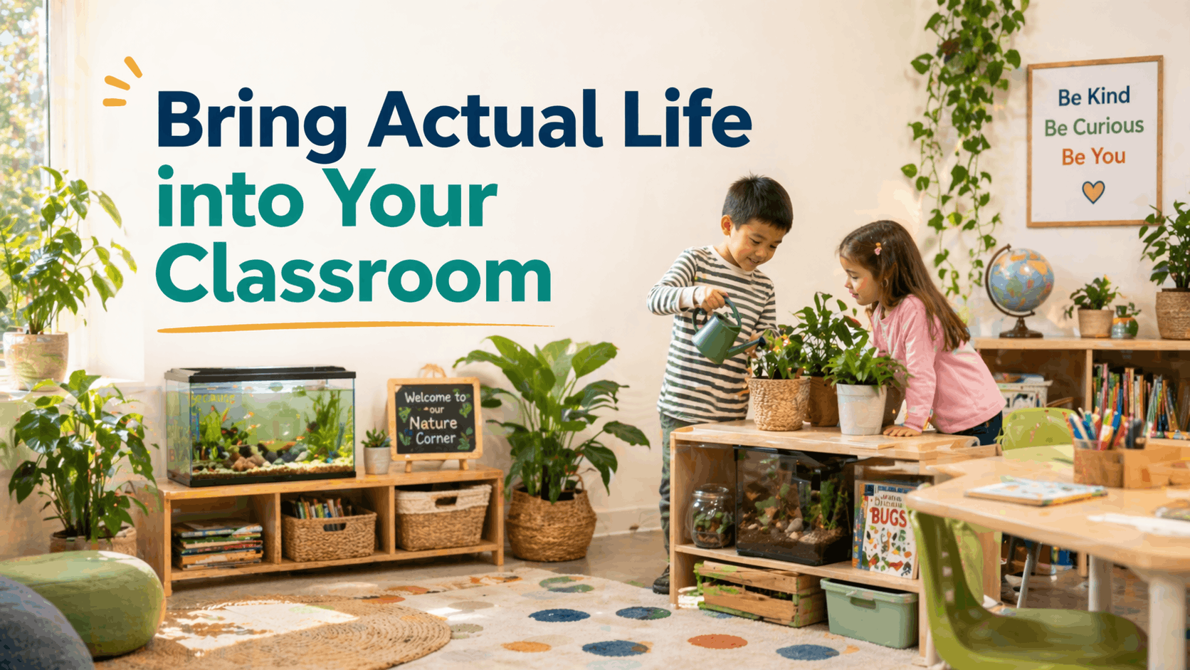 Students care for plants in a classroom nature corner with an aquarium, greenery, books, and warm natural light.