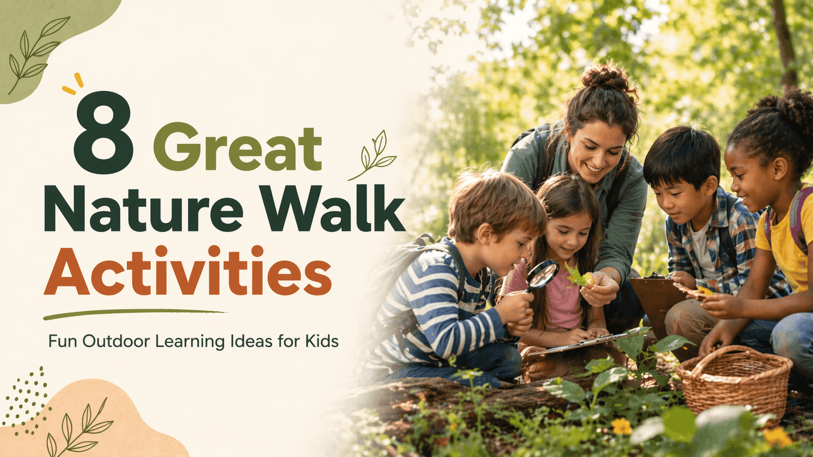Children enjoy nature walk activity ideas with binoculars, a scavenger hunt sheet, a collection jar, and a teacher outdoors.