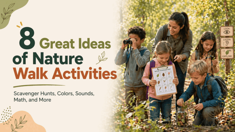 Children explore plants with a teacher during nature walk activities for kids, using clipboards and a magnifying glass outdoors.