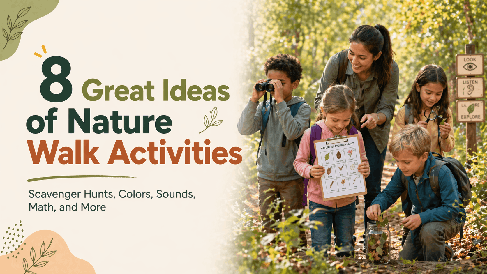 Children explore plants with a teacher during nature walk activities for kids, using clipboards and a magnifying glass outdoors.