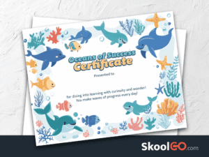 Ocean certificate template for kids featuring the full certificate design with SkoolGO logo