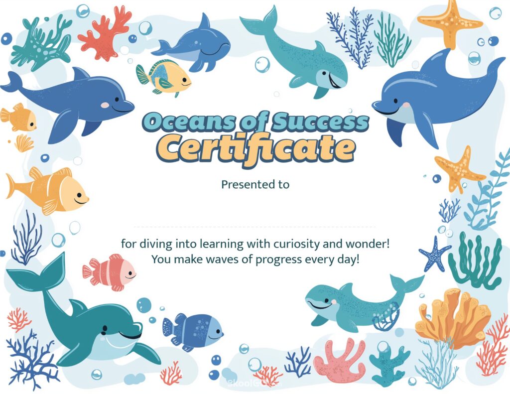Oceans of Success certificate template with ocean animals and space to add a student name