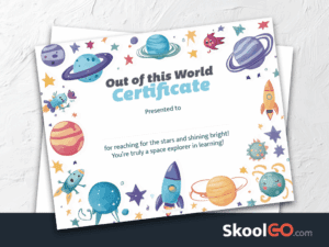 Out of This World certificate template featured image with certificate template design and Skoolgo logo