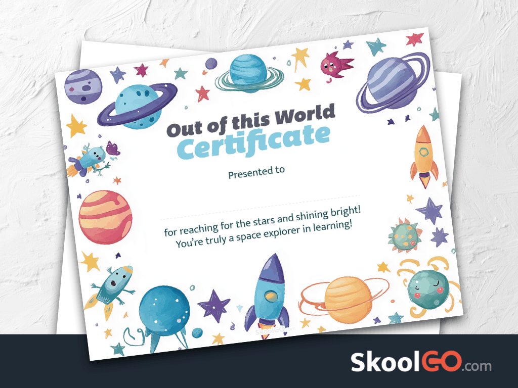 Out of This World certificate template featured image with certificate template design and Skoolgo logo