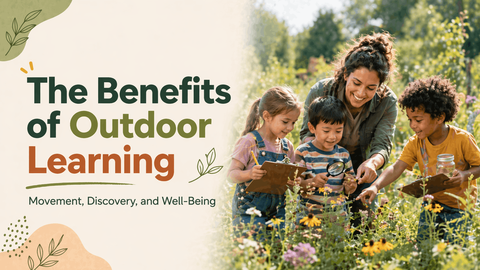 Teacher guides children in a sunny garden, showing outdoor learning benefits through movement, nature discovery, and observation.