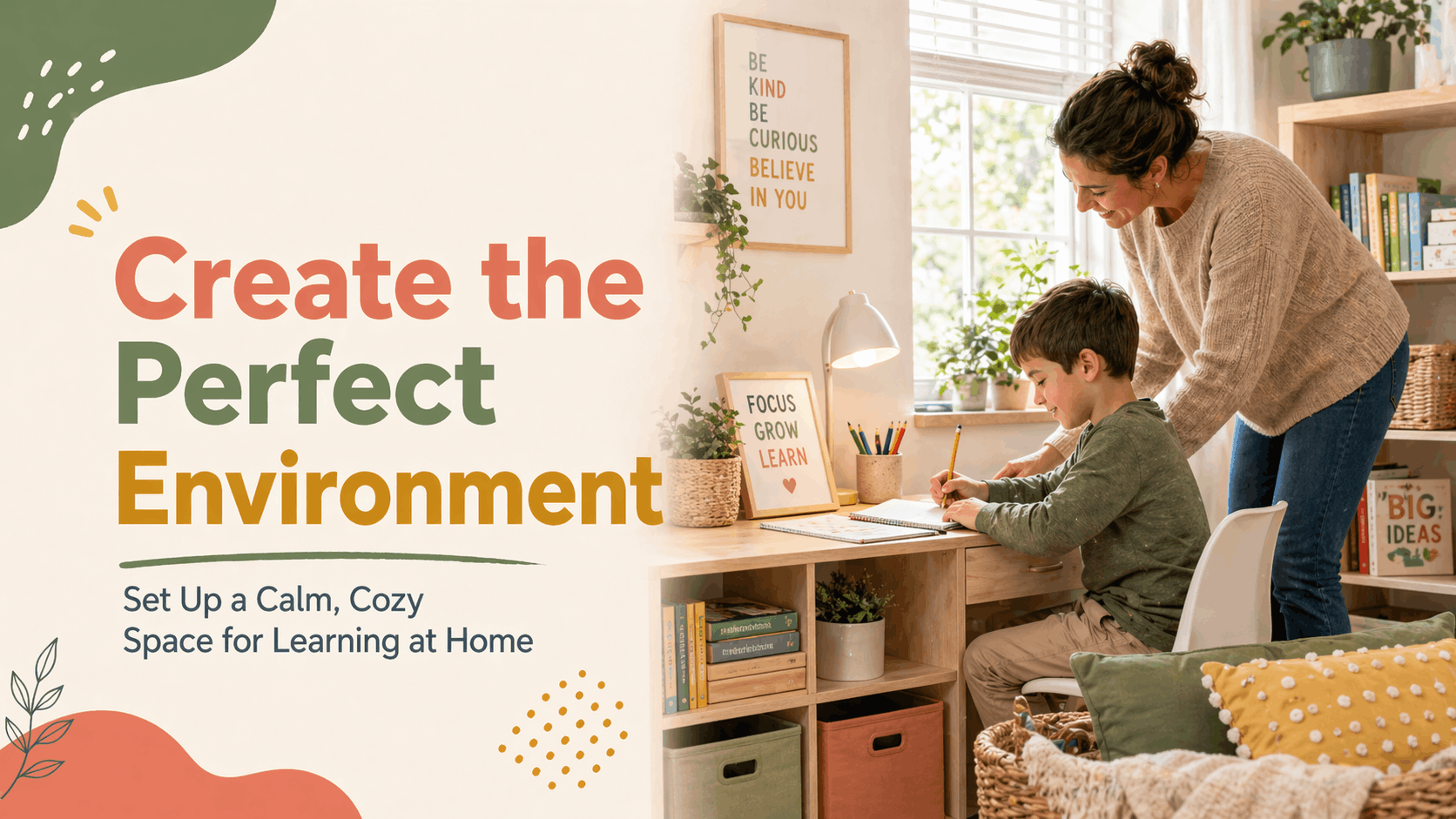 Cozy home study space with a parent helping a child write at a tidy desk with books, plants, pencils, and soft light.