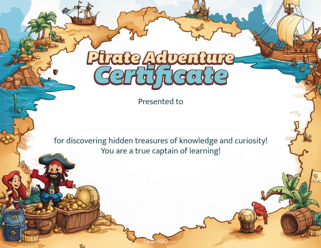Pirate Certificate Template Printable Landscape Design for Students Printable pirate certificate template landscape layout with ships treasure chest and reward message for students
