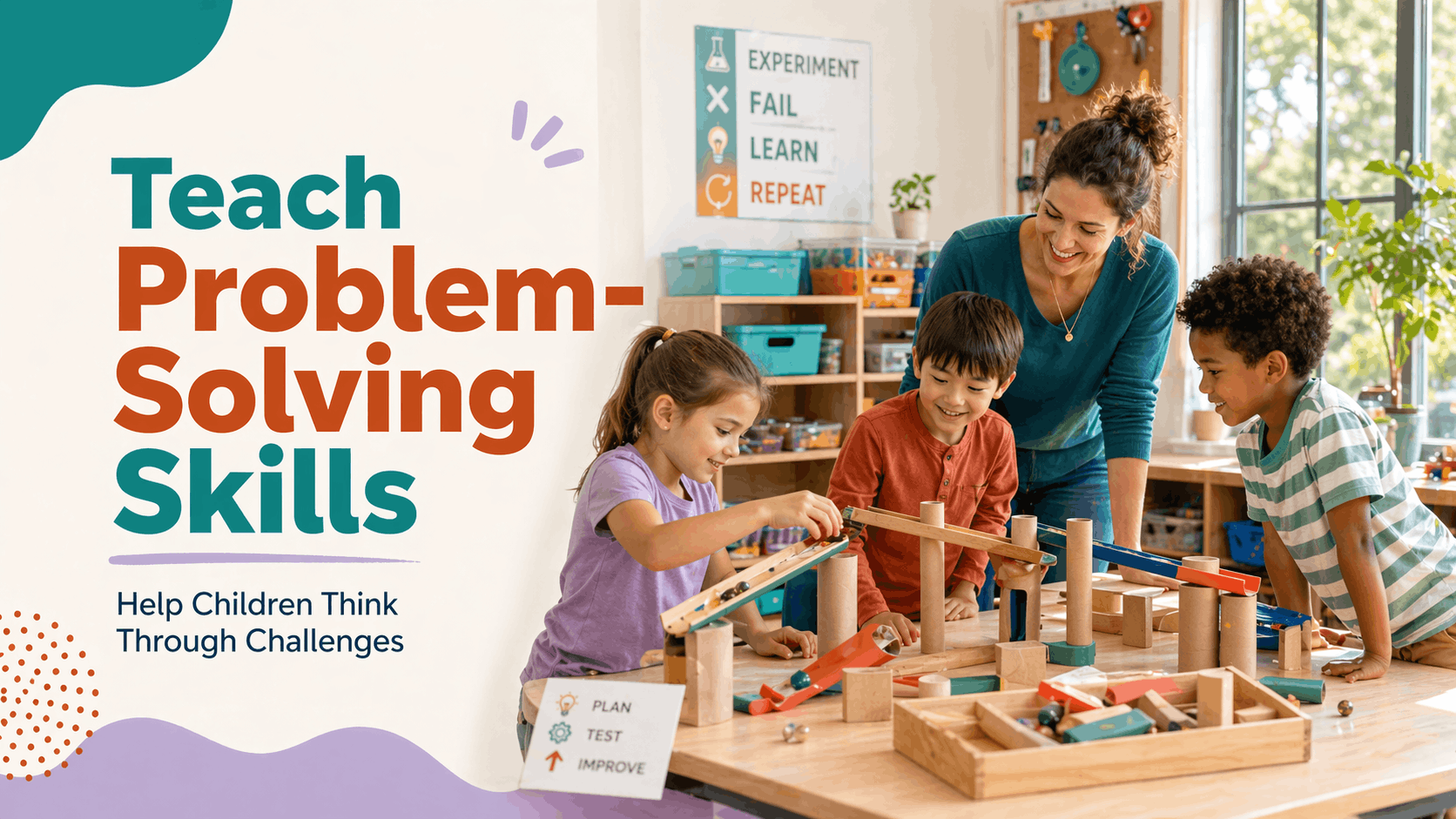 Teacher helps children build problem-solving skills through a hands-on classroom activity with ramps and blocks.