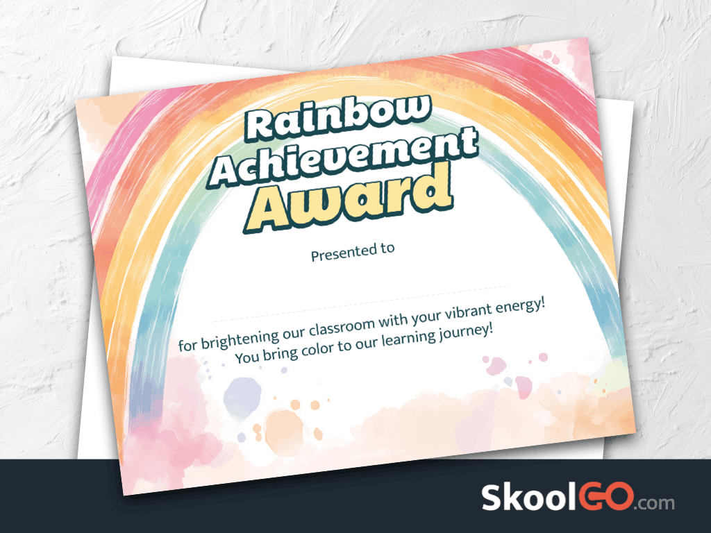 Rainbow achievement award certificate template for kids classroom reward with colorful design and editable student name field