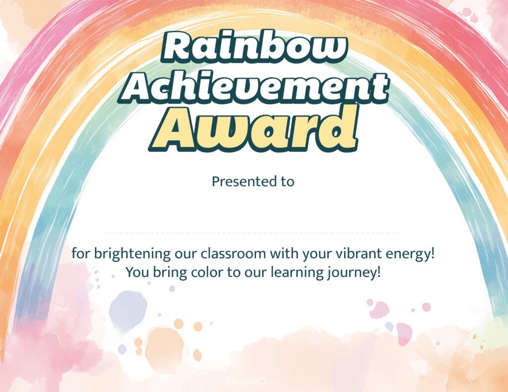 Printable Rainbow Achievement Certificate Template PDF Landscape Printable rainbow achievement certificate template landscape format with watercolor rainbow design and motivational message for students