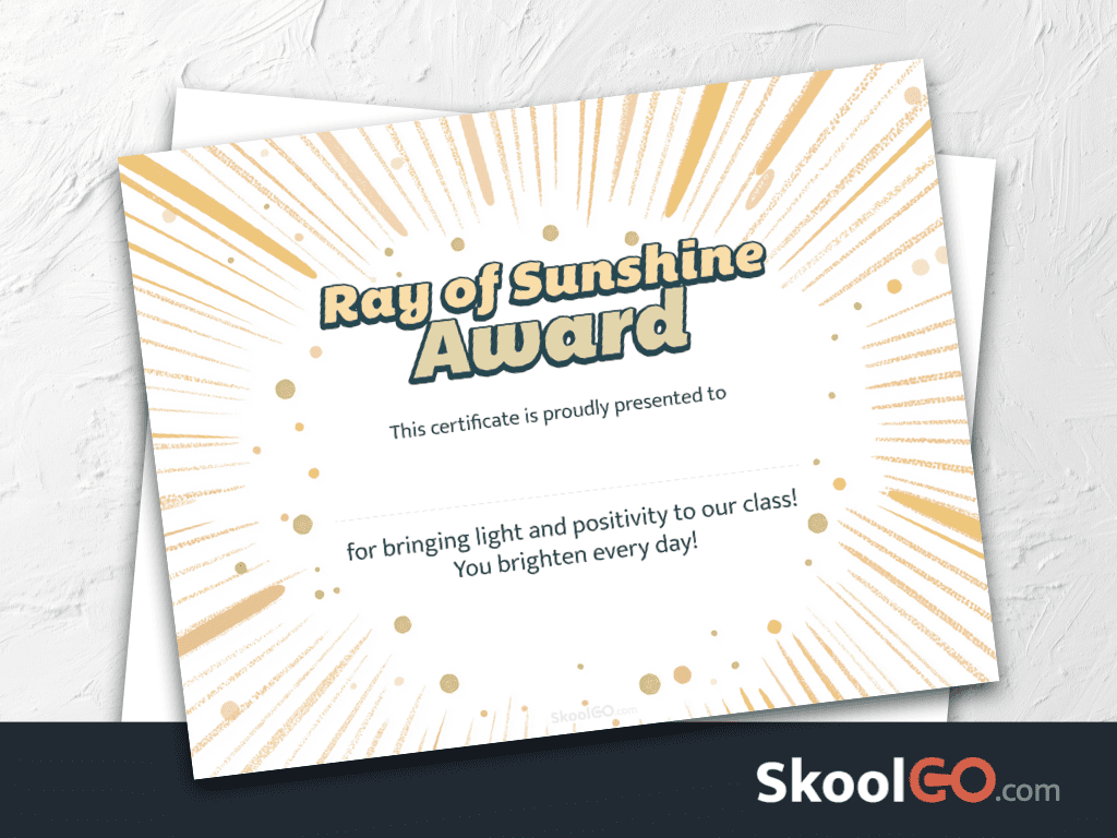 Ray of Sunshine Award certificate template with bright sunburst design for classroom student recognition