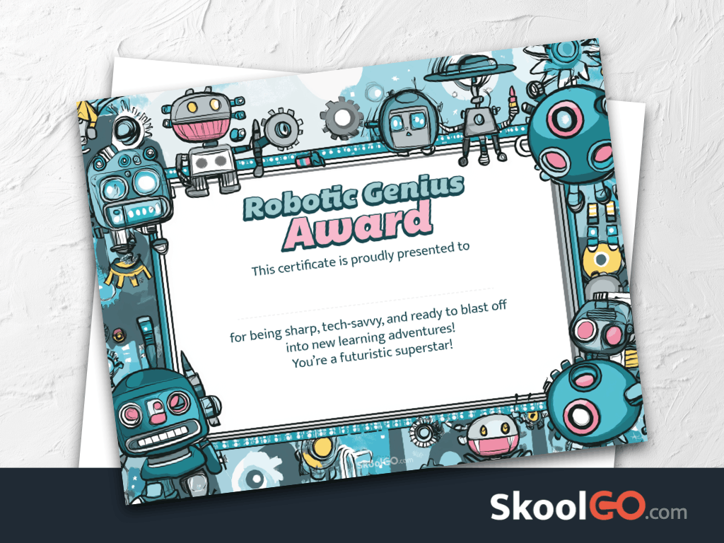robot certificate template featuring robotic genius award design for kids with colorful robots and printable layout