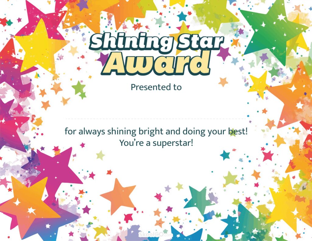 Full page Shining Star Award certificate template with colorful star border in landscape format